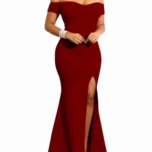 Small off-shoulder high slit burgundy evening gown